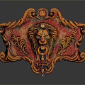 Ornate Red And Gold Decorative Piece With Lion Head And Intricate Scroll Patterns