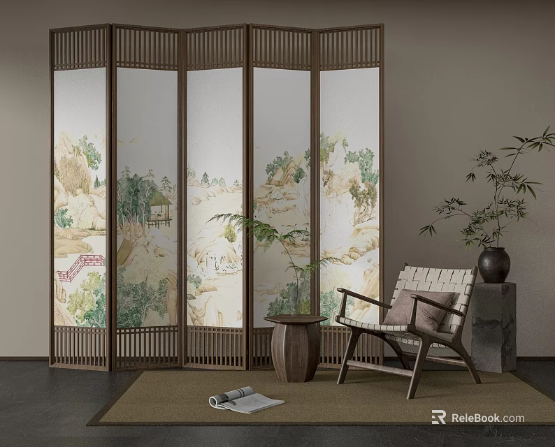 Traditional Chinese Screen With Landscape Paintings In Elegant Living Room 3d model 