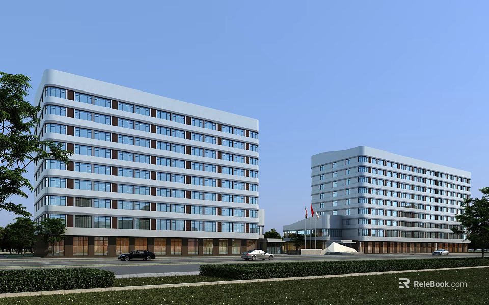 Two Modern Multi Story Office Buildings With Large Windows Road And Green Landscaping 3d model 
