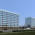 Two Modern Multi Story Office Buildings With Large Windows Road And Green Landscaping