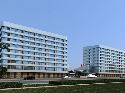 Two Modern Multi Story Office Buildings With Large Windows Road And Green Landscaping 3d model