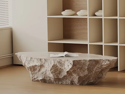 Stone Coffee Table With Open Book On Top And Wooden Shelves In Modern Living Room 3d model