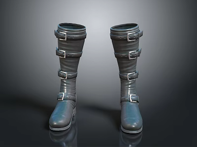 Black Leather Knee High Boots With Multiple Buckle Straps For Daily Wear 3d model