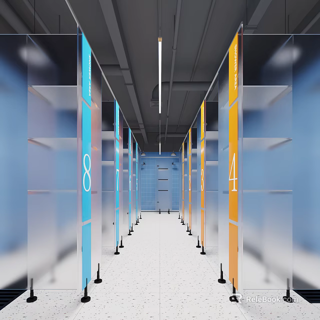 Modern Elevator Hallway Interior With Blue Yellow Pillars And Floor Numbers 3d model 