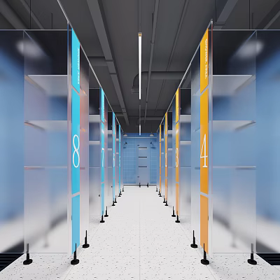 Modern Elevator Hallway Interior With Blue Yellow Pillars And Floor Numbers 3d model