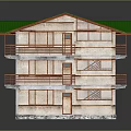 Cartoon Style Three Story Building With Green Roof Beige Walls And Red Railings
