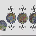 Colorful Floral Pattern Round Decorative Plates on Iron Stands for Home Decoration
