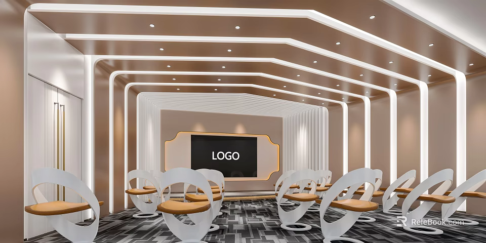 Modern Conference Room With Logo Screen White Orange Chairs And Ceiling Lights 3d model 