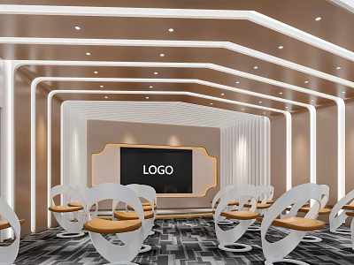 Modern Conference Room With Logo Screen White Orange Chairs And Ceiling Lights 3d model