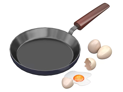 Non Stick Frying Pan With Fresh Eggs And Fried Egg For Cooking 3d model