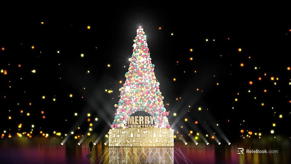Large Decorated Tree with Colorful Lights Spheres Golden Base AMERIX Lettering and Twinkling Background Lights 3d model 