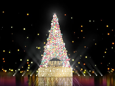 Large Decorated Tree with Colorful Lights Spheres Golden Base AMERIX Lettering and Twinkling Background Lights 3d model