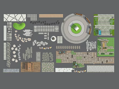 Garden Ornaments Design Featuring Various Paving Materials Circular Layout Green Accents And Decorative Steps 3d model