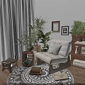 Beige Leisure Chair with Striped Cushion in Cozy Interior with Green Plants and Wooden Floor