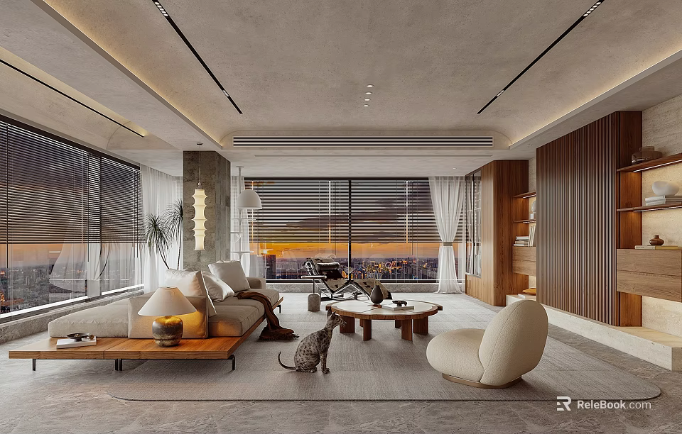 Modern Living Room With Large Windows Wooden Accents Comfy Sofa Area Rug And Pet Dog 3d model 