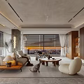 Modern Living Room With Large Windows Wooden Accents Comfy Sofa Area Rug And Pet Dog