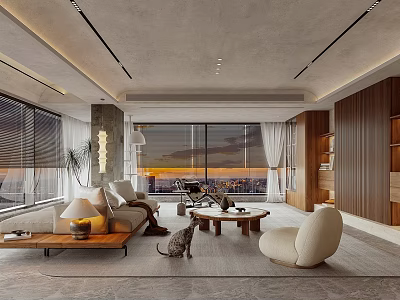 Modern Living Room With Large Windows Wooden Accents Comfy Sofa Area Rug And Pet Dog 3d model