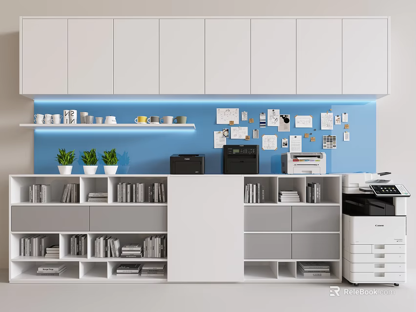 Modern White Bookcase With Multiple Shelves Overhead Cabinets And Blue Wall Decorative Accents 3d model 