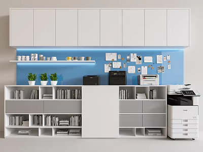 Modern White Bookcase With Multiple Shelves Overhead Cabinets And Blue Wall Decorative Accents 3d model