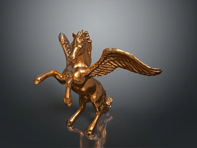 Golden Winged Horse Sculpture in Standing Pose with Dark Background Reflection 3d model