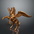 Golden Winged Horse Sculpture in Standing Pose with Dark Background Reflection
