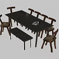 Rustic Wooden Dining Table Set With Chairs And Matching Bench 3d model