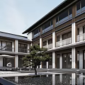 Modern Guesthouse Building With Open Porch Stone Steps Slate Path Pine Trees And Wooden Bench