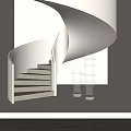 Modern Spiral Staircase With Wooden Steps White Handrail Soft Lighting And Decorative Lamps
