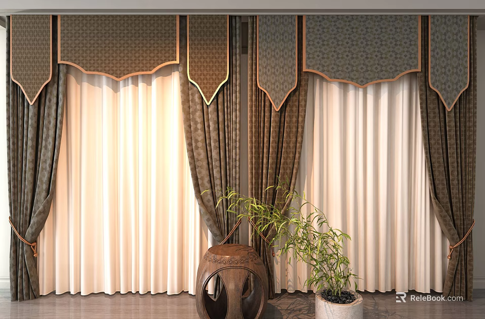 Brown And Beige Curtains With Ornate Valance And Green Plant In Decorative Pot 3d model 