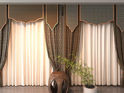 Brown And Beige Curtains With Ornate Valance And Green Plant In Decorative Pot 3d model