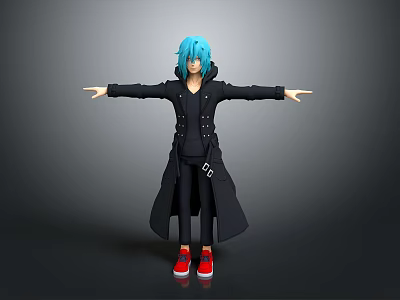 3D Character Model With Blue Hair Black Long Coat Red Shoes And Outstretched Arms 3d model