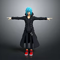 3D Character Model With Blue Hair Black Long Coat Red Shoes And Outstretched Arms