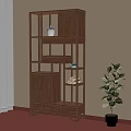 Wooden Chinese Display Shelf With Multiple Shelves Drawers And Potted Plant Indoor