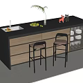 Modern Kitchen Bar Counter With Black Top Sink Fruit Bowl And Two Bar Stools
