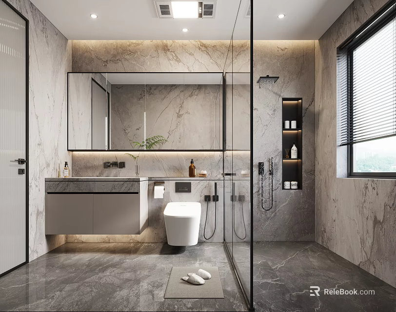 Modern Bathroom Interior Design With Marble Surfaces Glass Shower Vanity And Large Mirror 3d model 