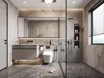 Modern Bathroom Interior Design With Marble Surfaces Glass Shower Vanity And Large Mirror 3d model