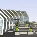 Spacious Indoor Public Space Featuring Curved Roof Glass Walls Palm Trees And Circular Water Pools
