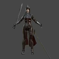 Hooded Woman Warrior In Leather Armor Holding Sword Standing Pose