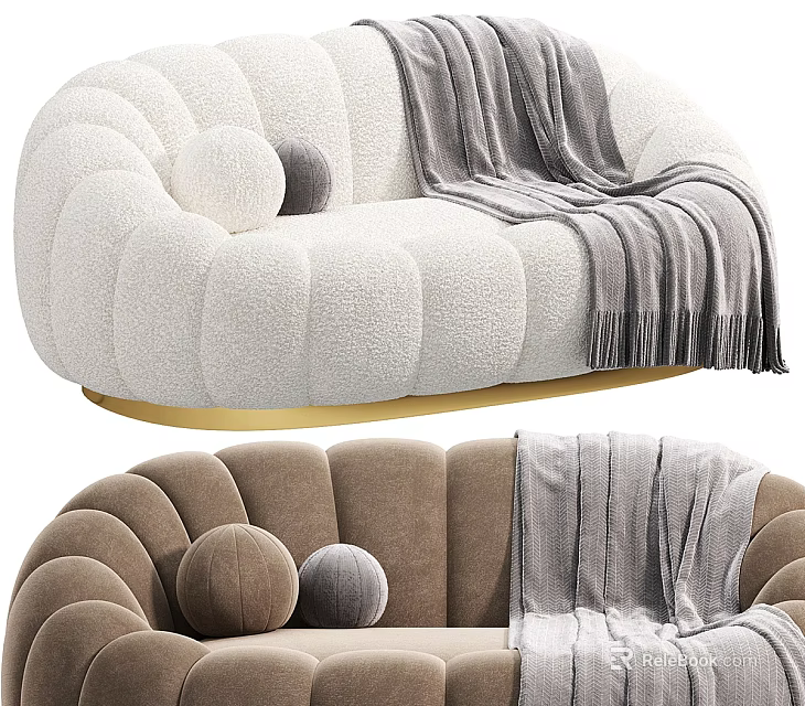 Modern Plush Two Seater Sofa with Round Cushions Gray Throw and Golden Base 3d model 