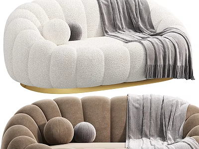 Modern Plush Two Seater Sofa with Round Cushions Gray Throw and Golden Base 3d model