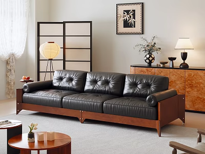 Living Room Interior With Black Leather Sofa Wooden Coffee Table Floor Lamp And Decorative Painting 3d model