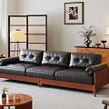 Living Room Interior With Black Leather Sofa Wooden Coffee Table Floor Lamp And Decorative Painting