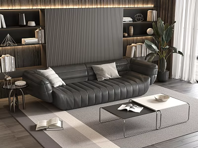 Modern Black Leather Sofa and Coffee Table Set with Light Cushions Wooden Wall and Indoor Plant 3d model