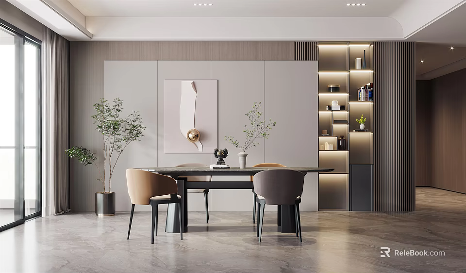 Modern Restaurant Interior With Dining Table Chairs Decorative Painting Green Plants And Lit Display Shelves 3d model 