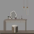 Modern Dressing Table With Irregular Mirror Cosmetic Bottles Gold Accents And Round Upholstered Stool