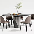 Round Black Dining Table Set With Brown Chairs Metal Base And Green Plant