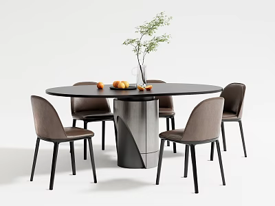 Round Black Dining Table Set With Brown Chairs Metal Base And Green Plant 3d model