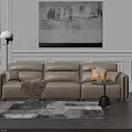 Modern Living Room Interior Design With Beige Leather Sofa Yellow Cushion And Abstract Painting