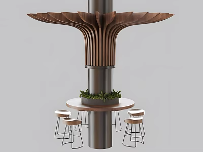 Modern Round Table With Bar Stools And Green Plants Wooden Structure Above Column 3d model