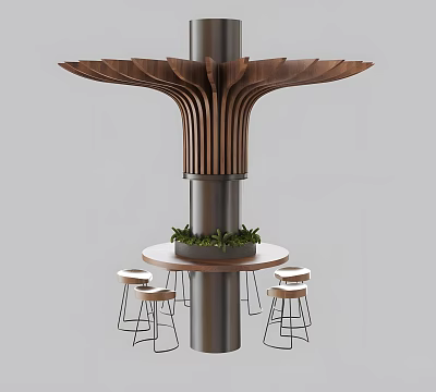 Modern Round Table With Bar Stools And Green Plants Wooden Structure Above Column 3d model